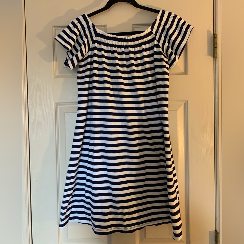 White & Navy Striped Motherhood Maternity Dress EUC Large
